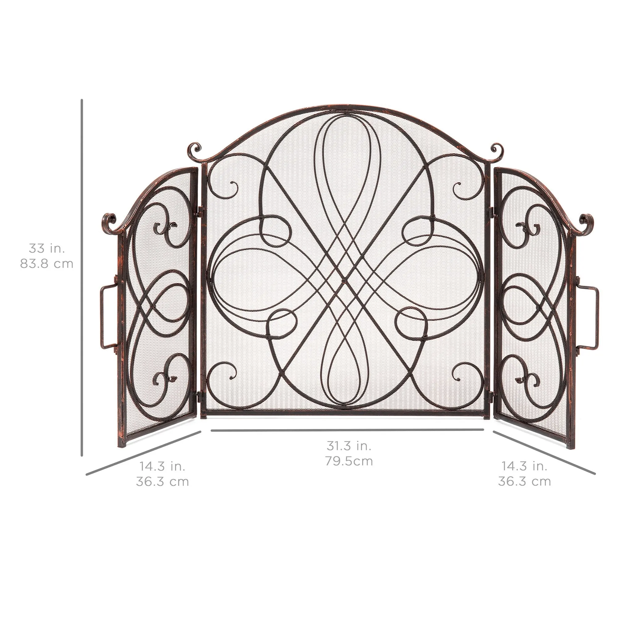 3-Panel 55x33in Wrought Iron Metal Fireplace Screen Cover w/ Scroll Design