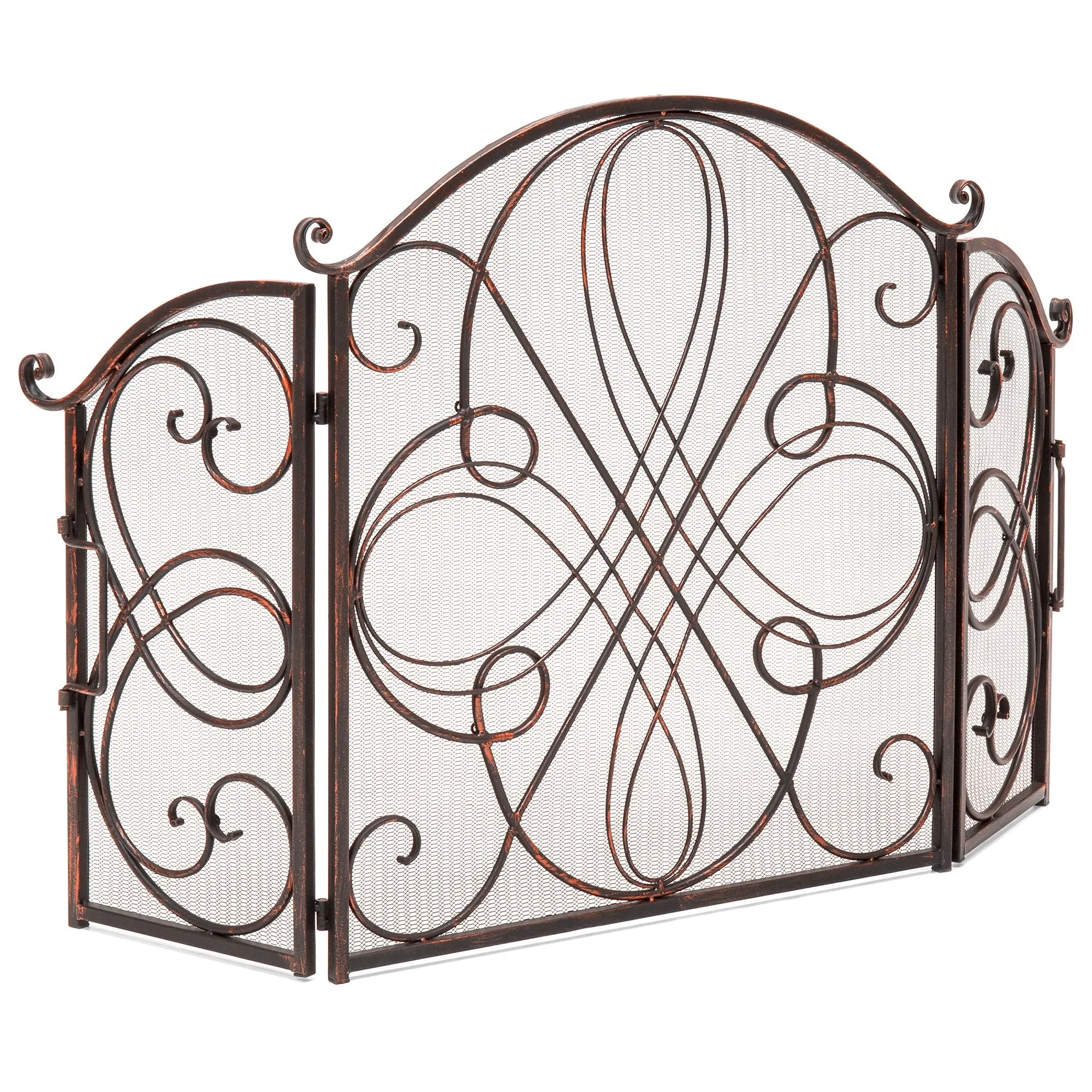 3-Panel 55x33in Wrought Iron Metal Fireplace Screen Cover w/ Scroll Design