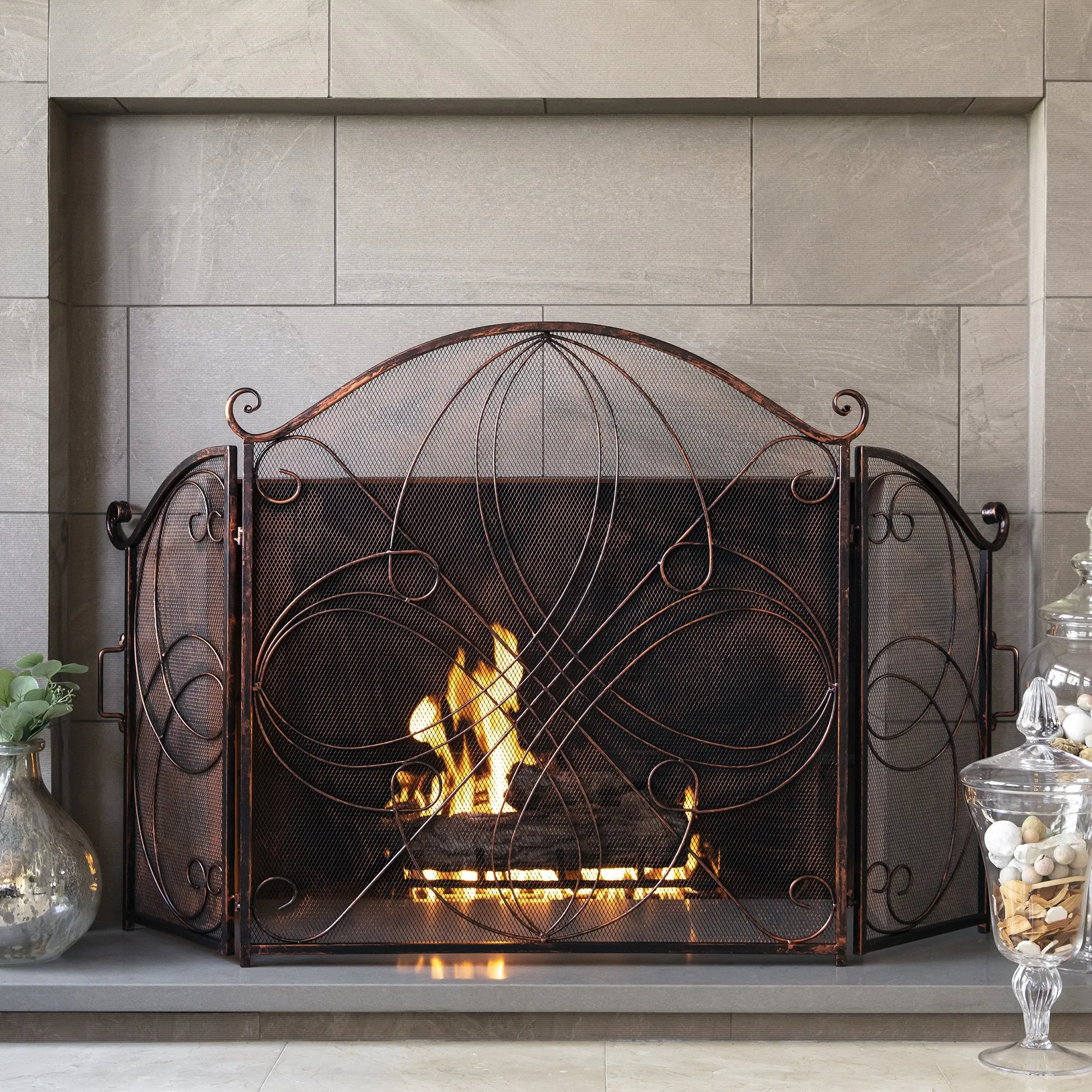 3-Panel 55x33in Wrought Iron Metal Fireplace Screen Cover w/ Scroll Design