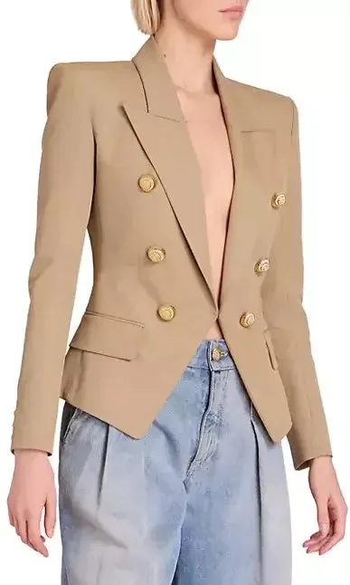 Beige Fitted Cotton Blazer with Gold Spiral Buttons