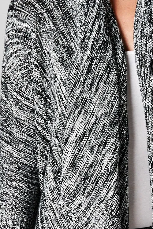 Black Striated Knit Open Front Cardigan Sweater