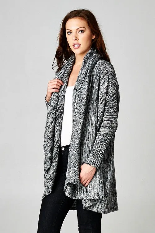Black Striated Knit Open Front Cardigan Sweater