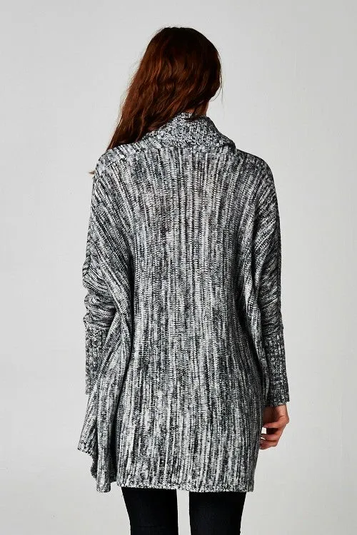 Black Striated Knit Open Front Cardigan Sweater