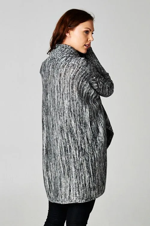 Black Striated Knit Open Front Cardigan Sweater