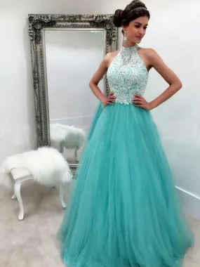 Bridelily A-Line Halter Sleeveless Floor-Length Lace Tulle Dresses