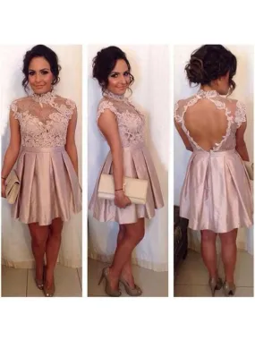 Bridelily A-Line Satin High Neck Sleeveless Short/Mini With Lace Prom Dresses
