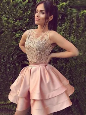 Bridelily A-Line Satin Lace Bateau Sleeveless Two Piece Short/Mini Dresses