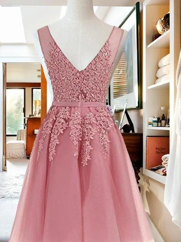 Bridelily A-Line V-neck Sleeveless Short/Mini With Applique Tulle Dresses