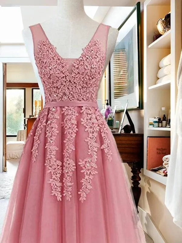 Bridelily A-Line V-neck Sleeveless Short/Mini With Applique Tulle Dresses