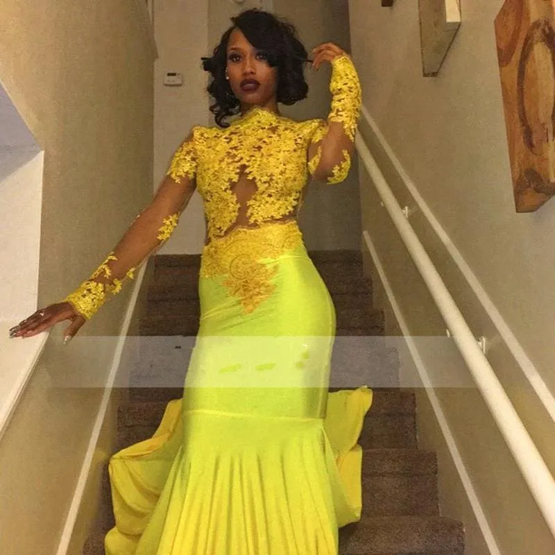 Bridelily Beautiful High-Neck Yellow Long-Sleeve Lace Appliques Mermaid Prom Dress