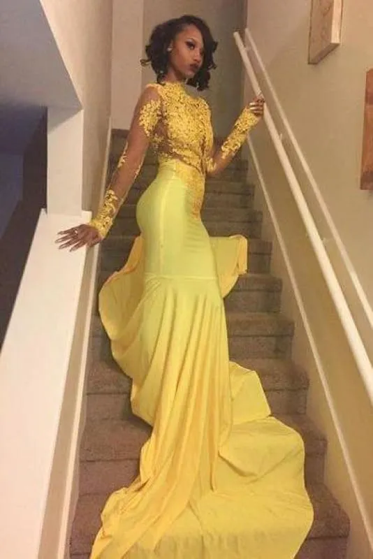 Bridelily Beautiful High-Neck Yellow Long-Sleeve Lace Appliques Mermaid Prom Dress