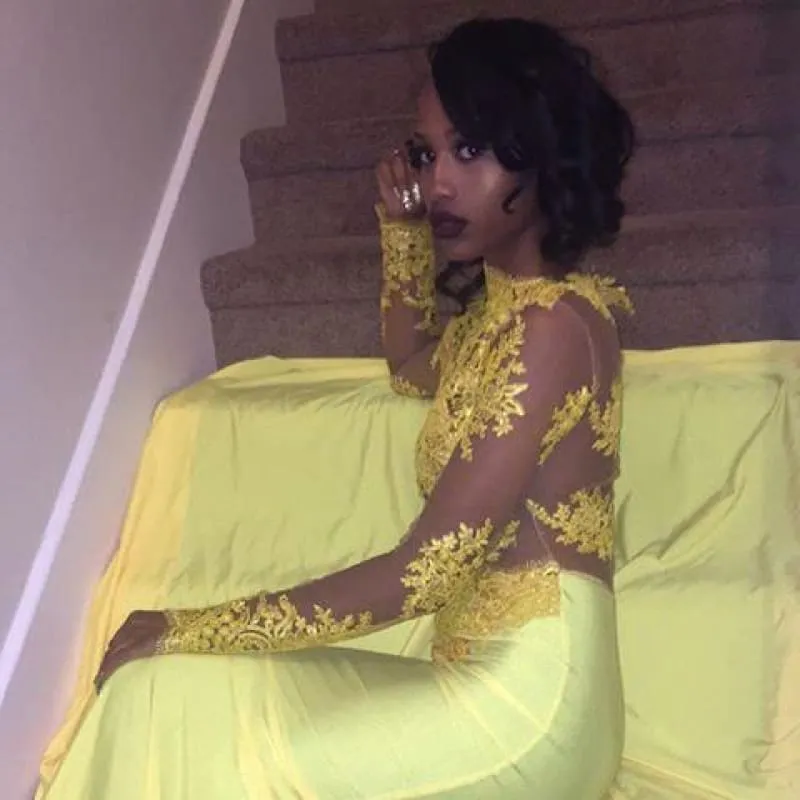 Bridelily Beautiful High-Neck Yellow Long-Sleeve Lace Appliques Mermaid Prom Dress
