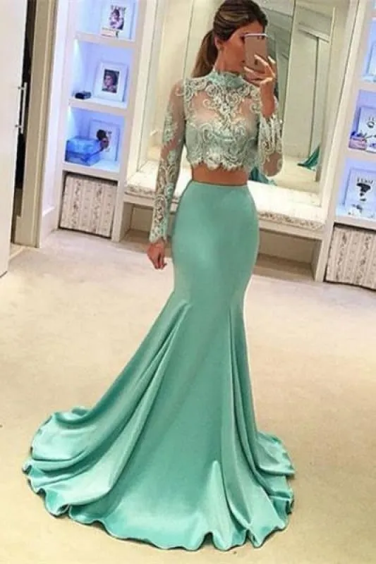 Bridelily Mint Long-Sleeves Two-Piece High-Neck Mermaid Long Prom Dresses