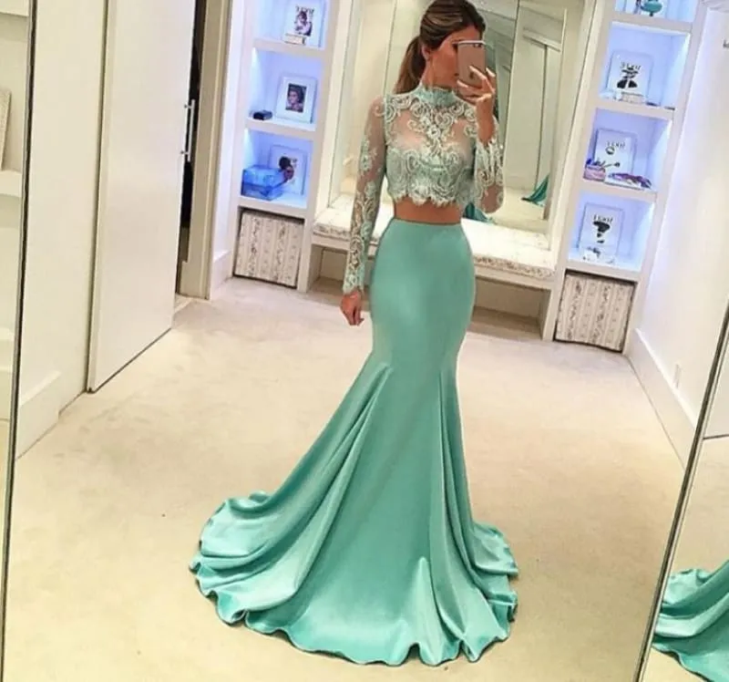 Bridelily Mint Long-Sleeves Two-Piece High-Neck Mermaid Long Prom Dresses