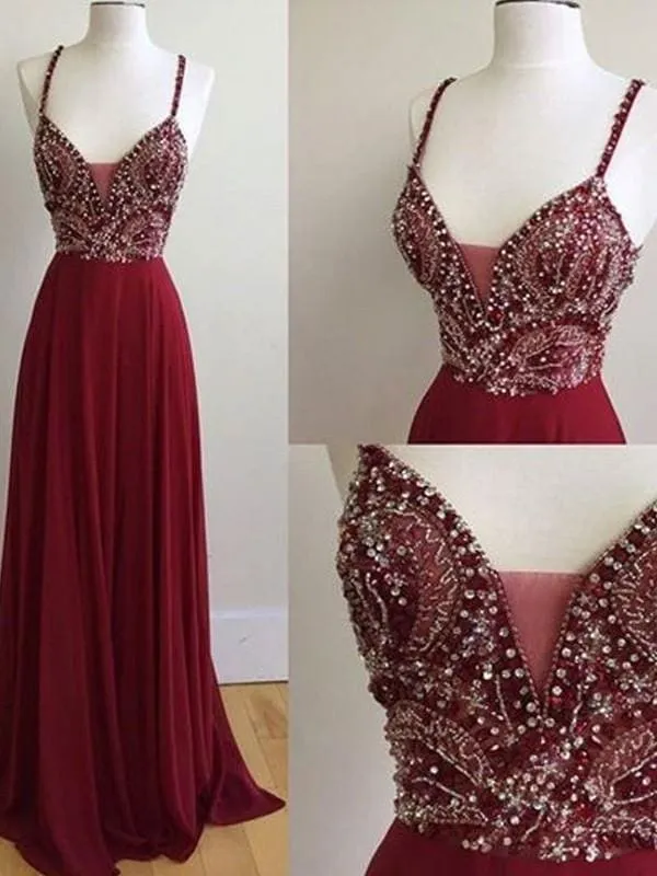 Chiffon Spaghetti Straps Sleeveless Floor-Length Dresses With Beading