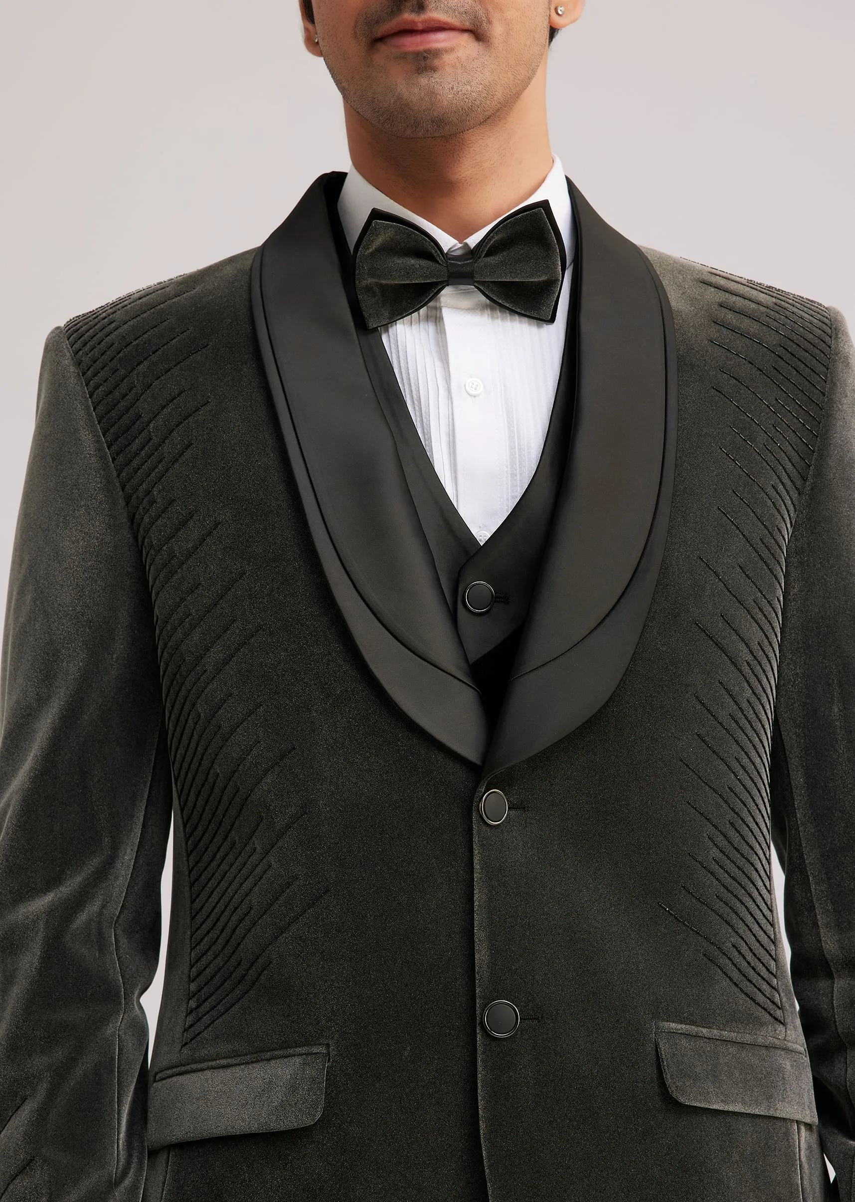 Grey Velvet Tuxedo With Satin Layered Lapel And Cut Dana Work