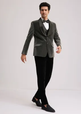Grey Velvet Tuxedo With Satin Layered Lapel And Cut Dana Work