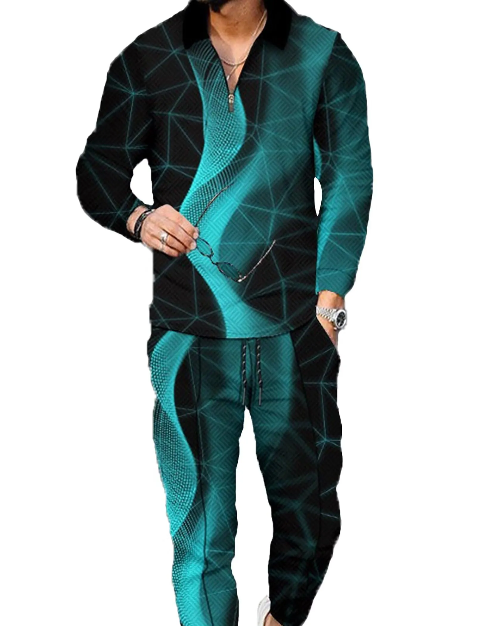 Men's Polo Track Suit Sets Long Sleeve Mens Outfits 2 Piece Fashion Sweatsuit Comfy Casual Set for Men