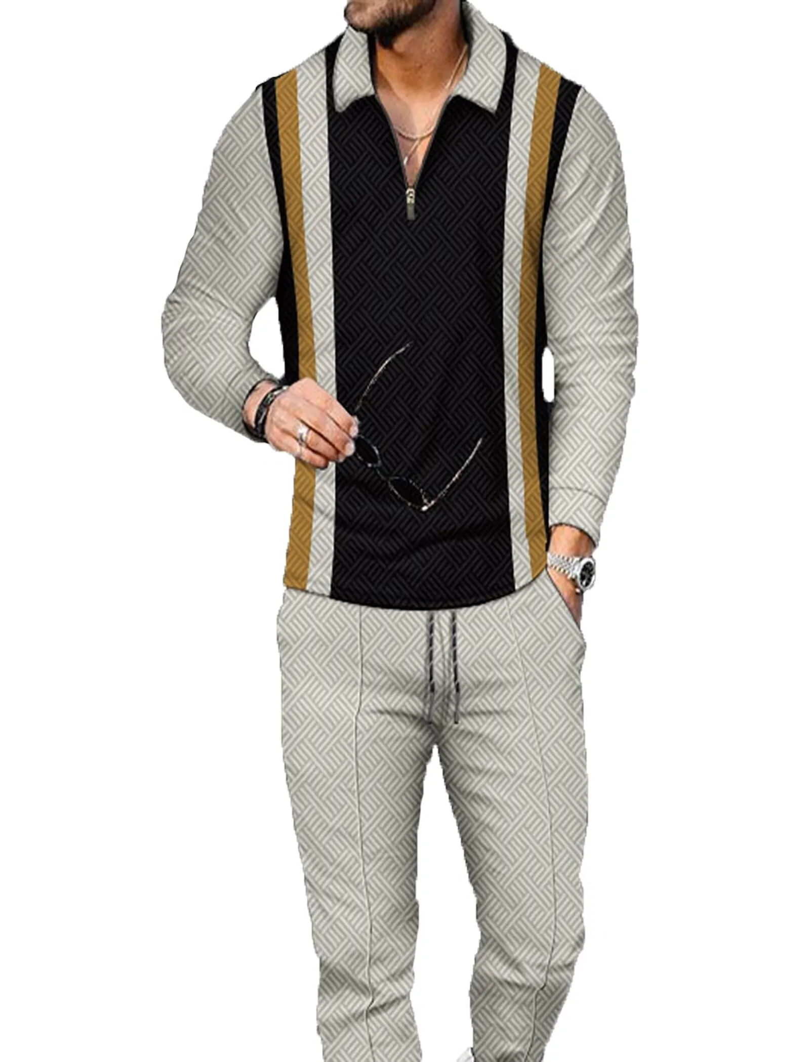 Men's Polo Track Suit Sets Long Sleeve Mens Outfits 2 Piece Fashion Sweatsuit Comfy Casual Set for Men