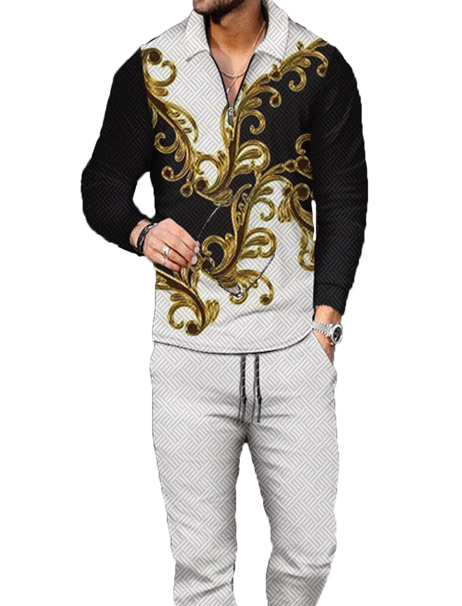 Men's Polo Track Suit Sets Long Sleeve Mens Outfits 2 Piece Fashion Sweatsuit Comfy Casual Set for Men