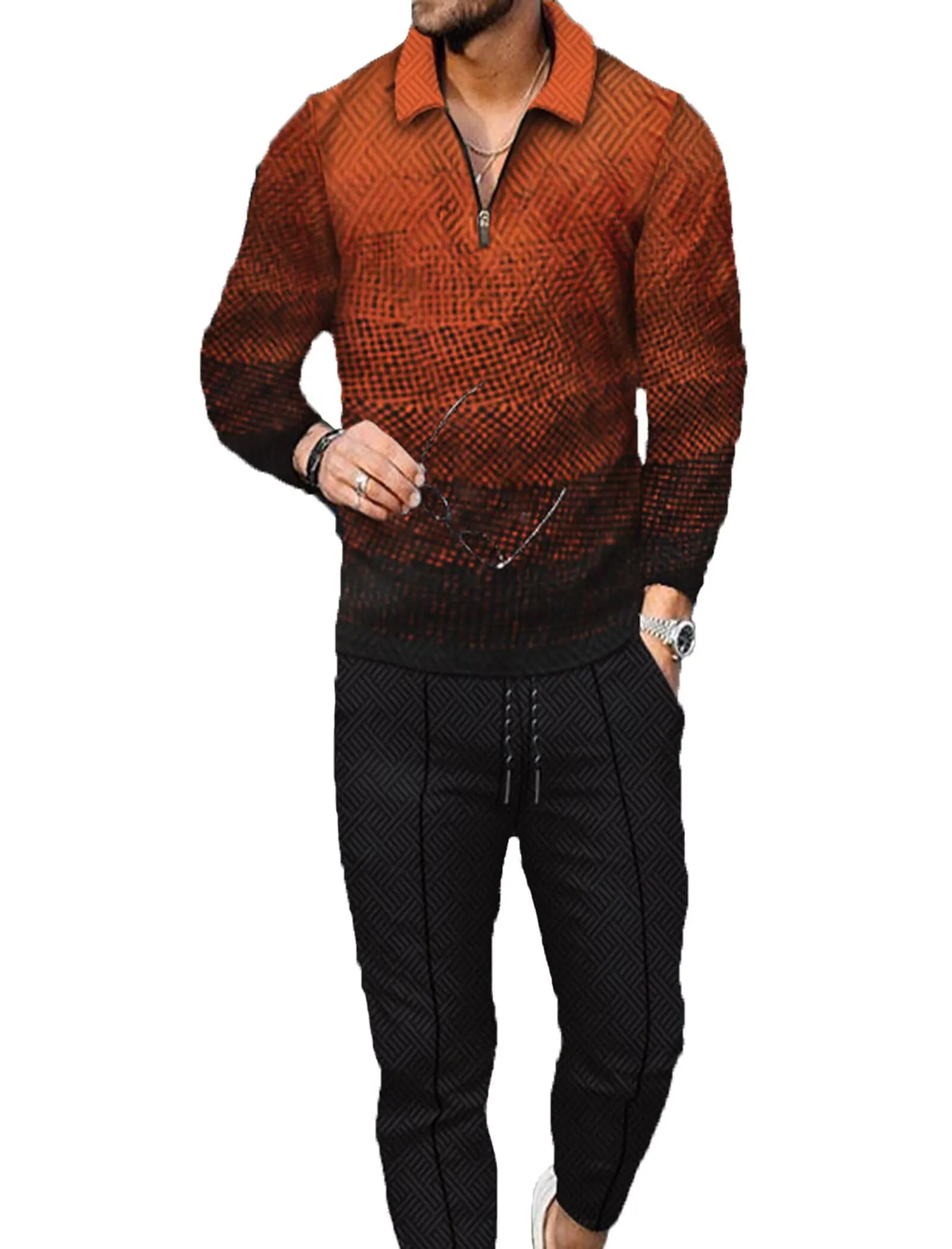 Men's Polo Track Suit Sets Long Sleeve Mens Outfits 2 Piece Fashion Sweatsuit Comfy Casual Set for Men