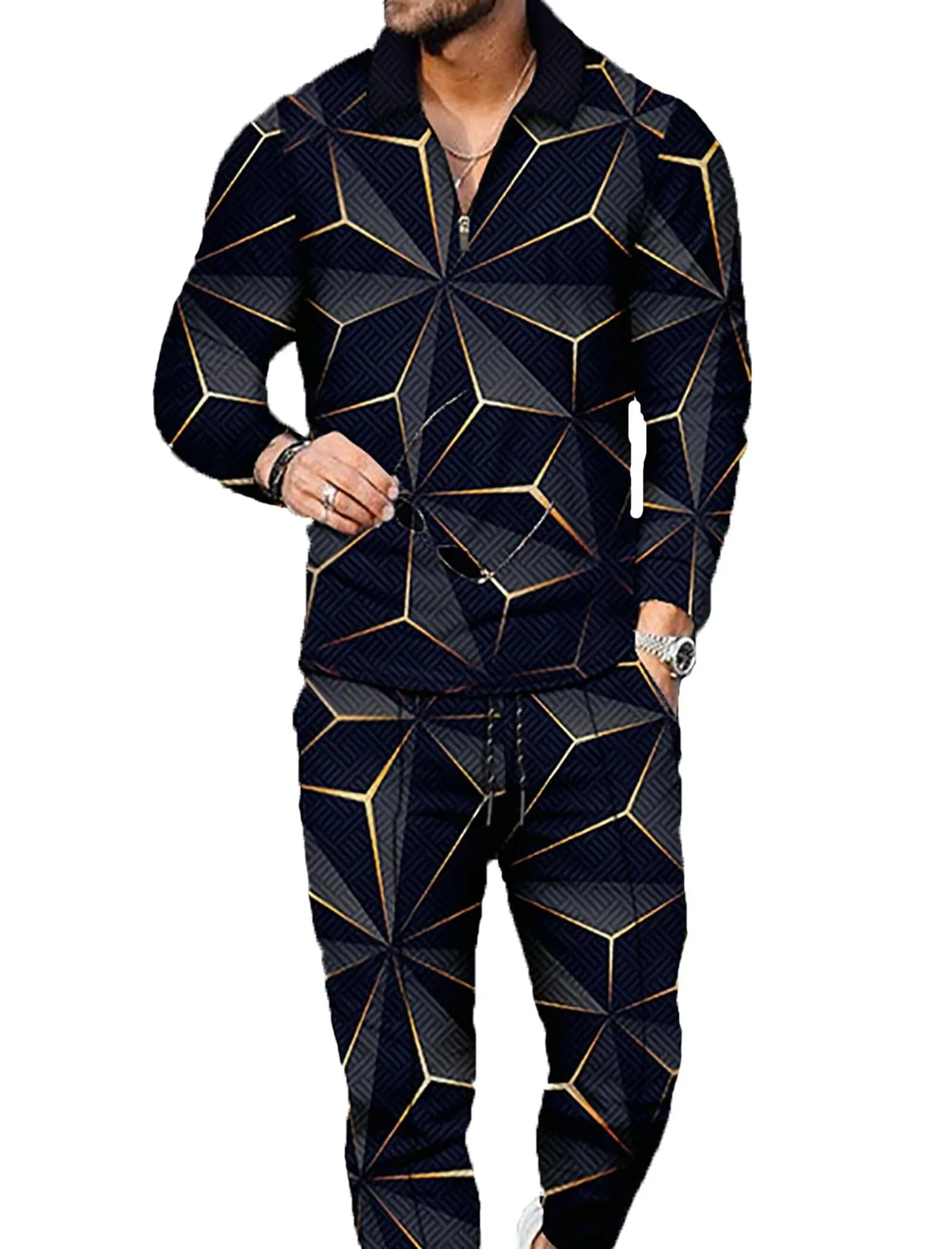 Men's Polo Track Suit Sets Long Sleeve Mens Outfits 2 Piece Fashion Sweatsuit Comfy Casual Set for Men