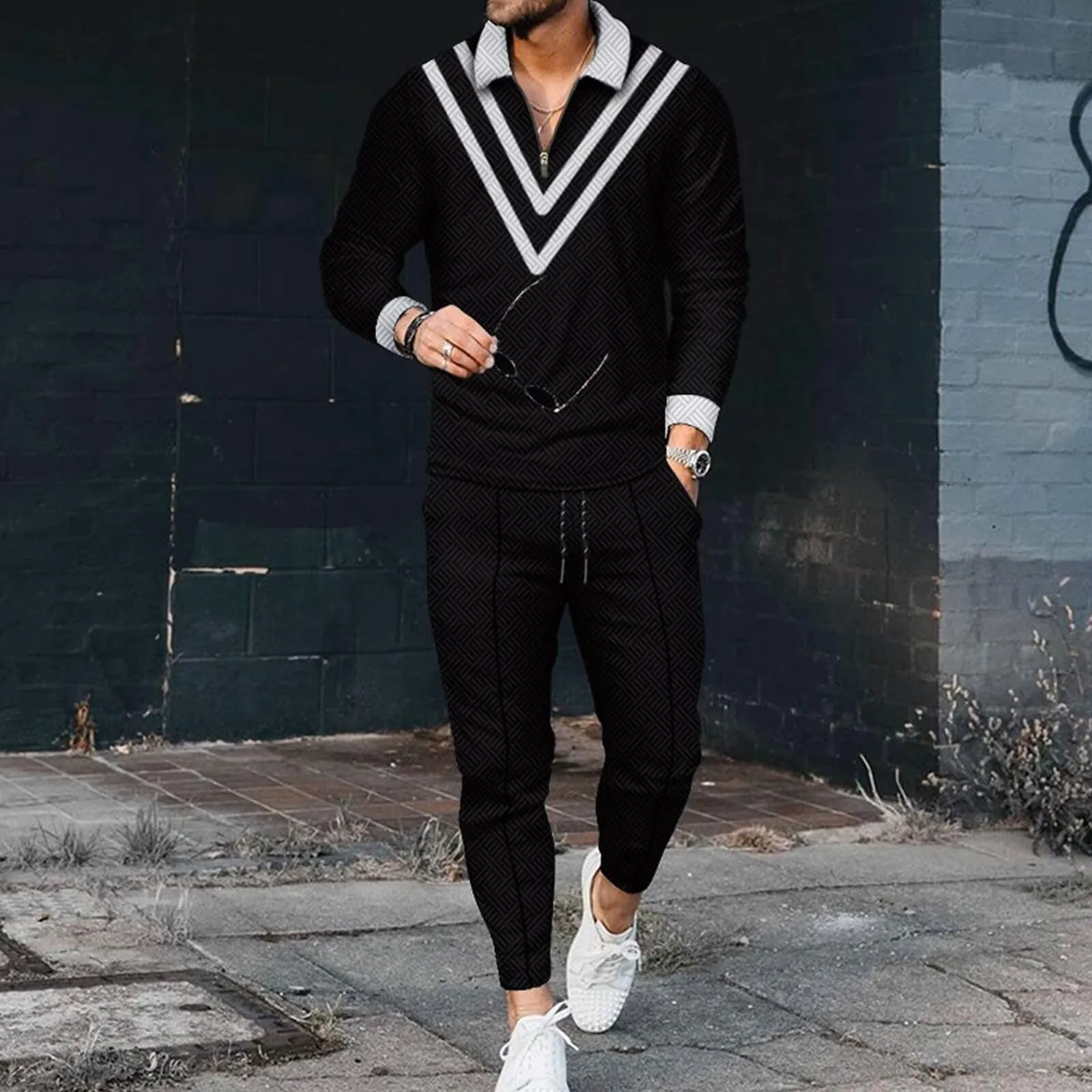 Men's Polo Track Suit Sets Long Sleeve Mens Outfits 2 Piece Fashion Sweatsuit Comfy Casual Set for Men