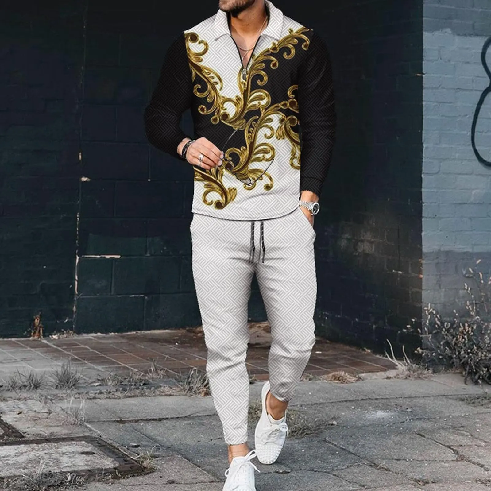 Men's Polo Track Suit Sets Long Sleeve Mens Outfits 2 Piece Fashion Sweatsuit Comfy Casual Set for Men