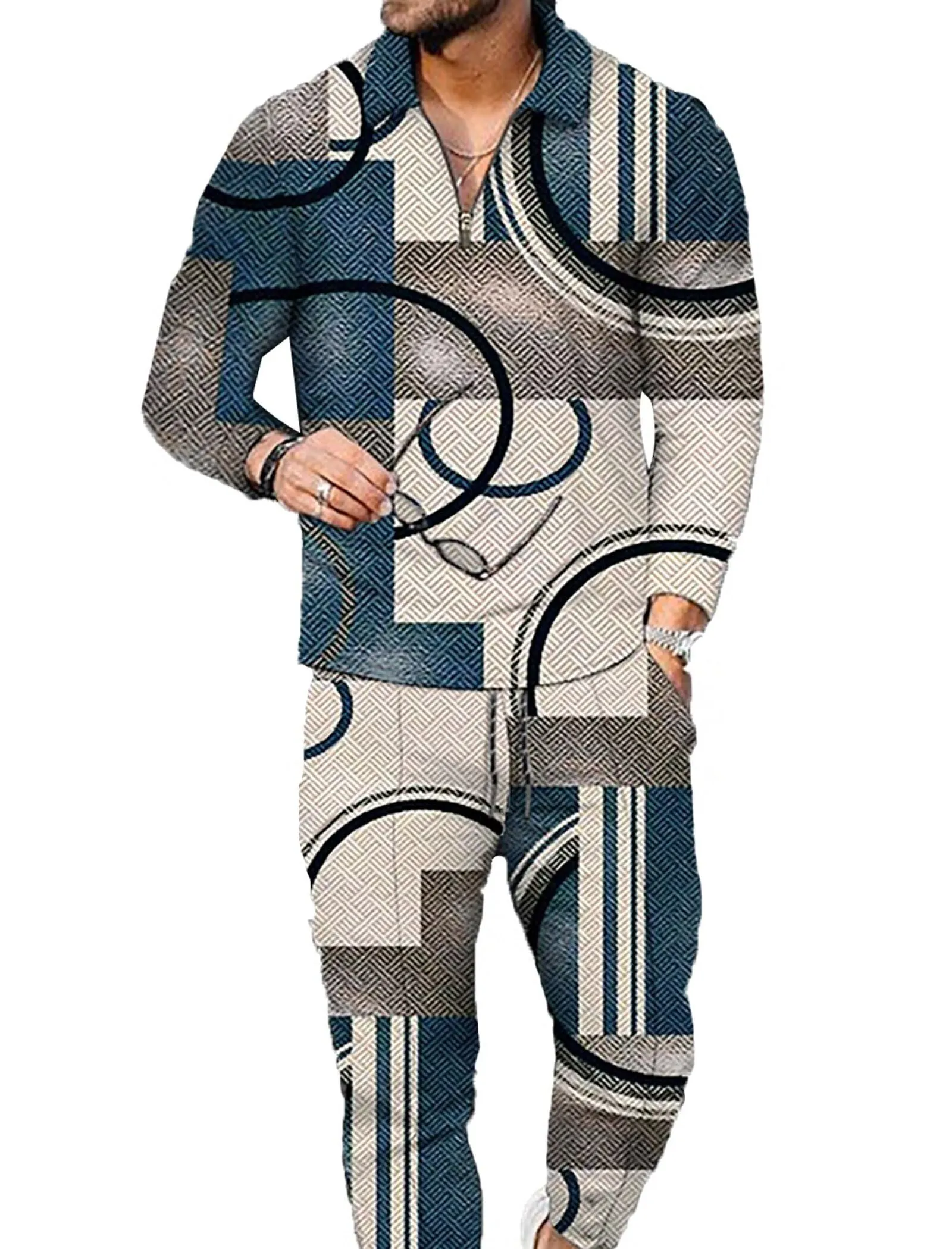 Men's Polo Track Suit Sets Long Sleeve Mens Outfits 2 Piece Fashion Sweatsuit Comfy Casual Set for Men