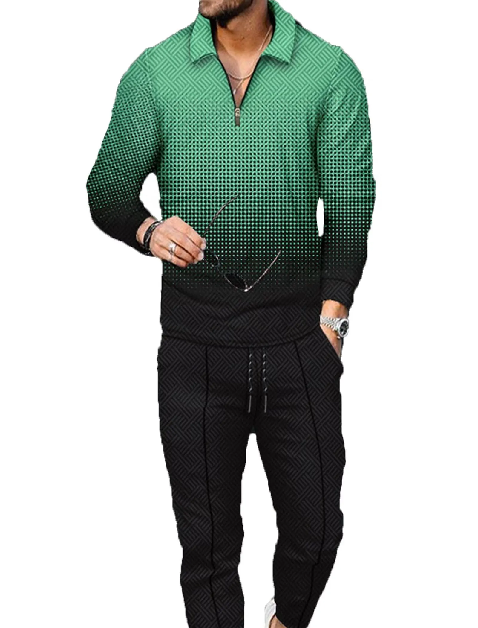 Men's Polo Track Suit Sets Long Sleeve Mens Outfits 2 Piece Fashion Sweatsuit Comfy Casual Set for Men