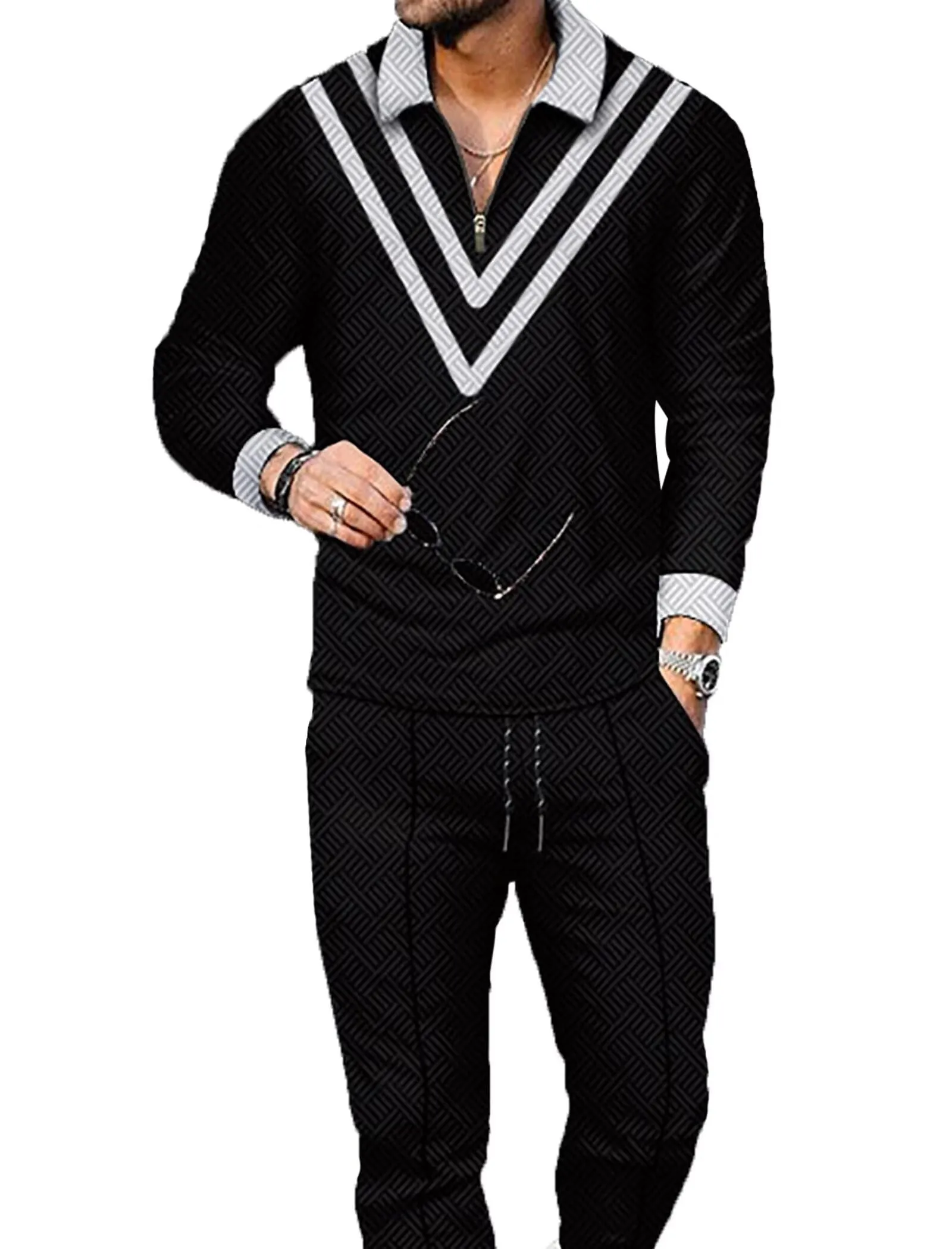 Men's Polo Track Suit Sets Long Sleeve Mens Outfits 2 Piece Fashion Sweatsuit Comfy Casual Set for Men