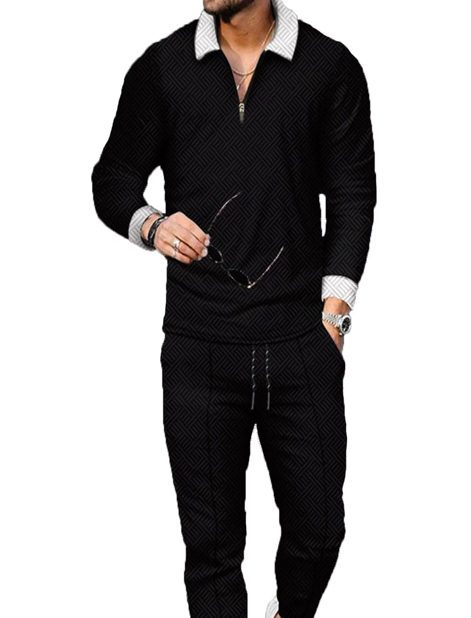 Men's Polo Track Suit Sets Long Sleeve Mens Outfits 2 Piece Fashion Sweatsuit Comfy Casual Set for Men