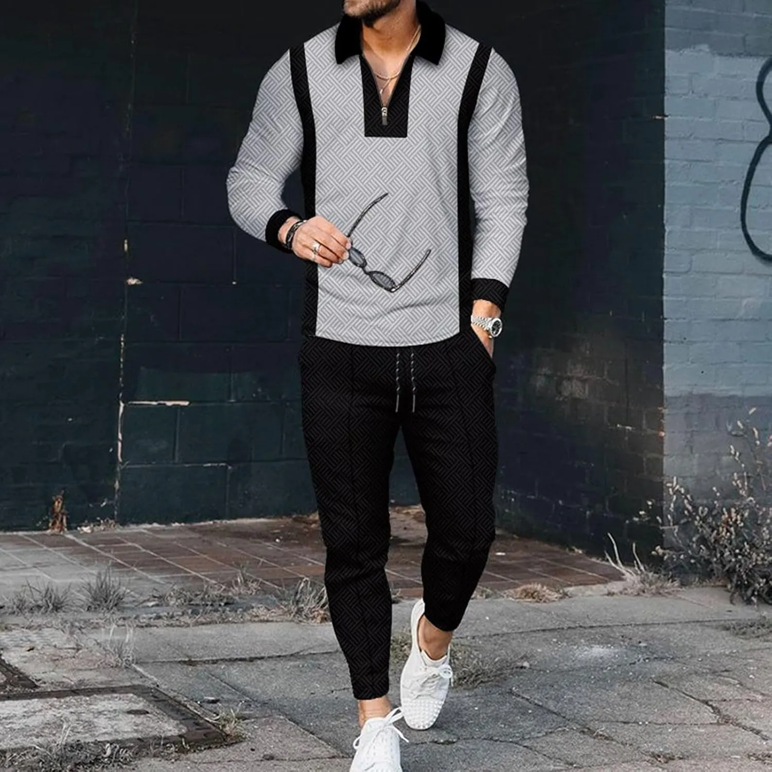 Men's Polo Track Suit Sets Long Sleeve Mens Outfits 2 Piece Fashion Sweatsuit Comfy Casual Set for Men