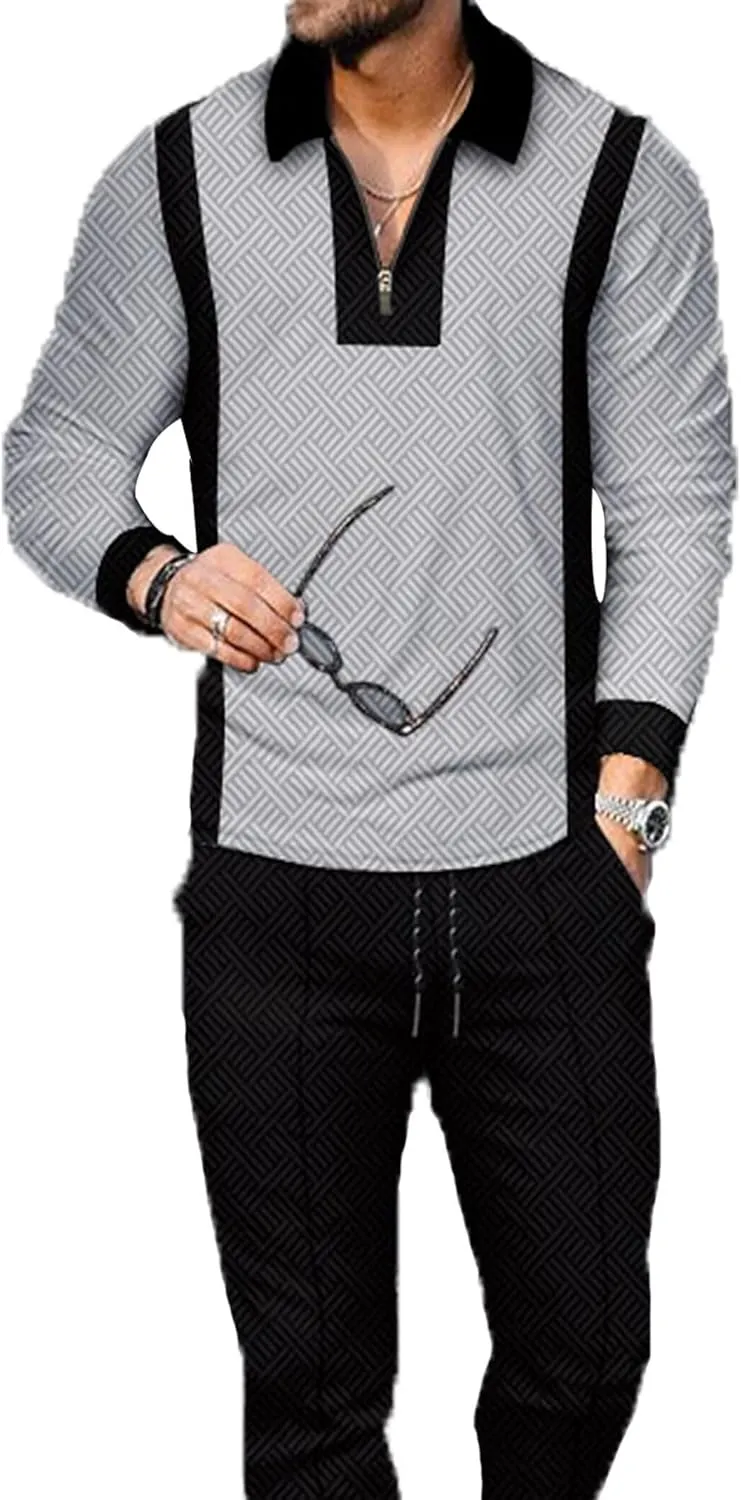 Men's Polo Track Suit Sets Long Sleeve Mens Outfits 2 Piece Fashion Sweatsuit Comfy Casual Set for Men