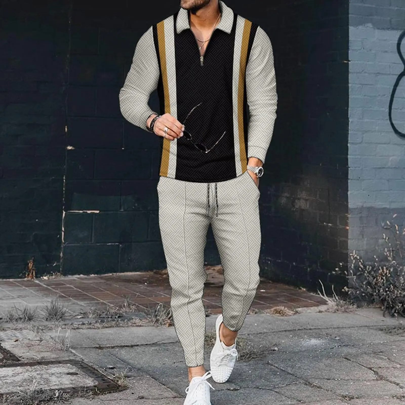 Men's Polo Track Suit Sets Long Sleeve Mens Outfits 2 Piece Fashion Sweatsuit Comfy Casual Set for Men