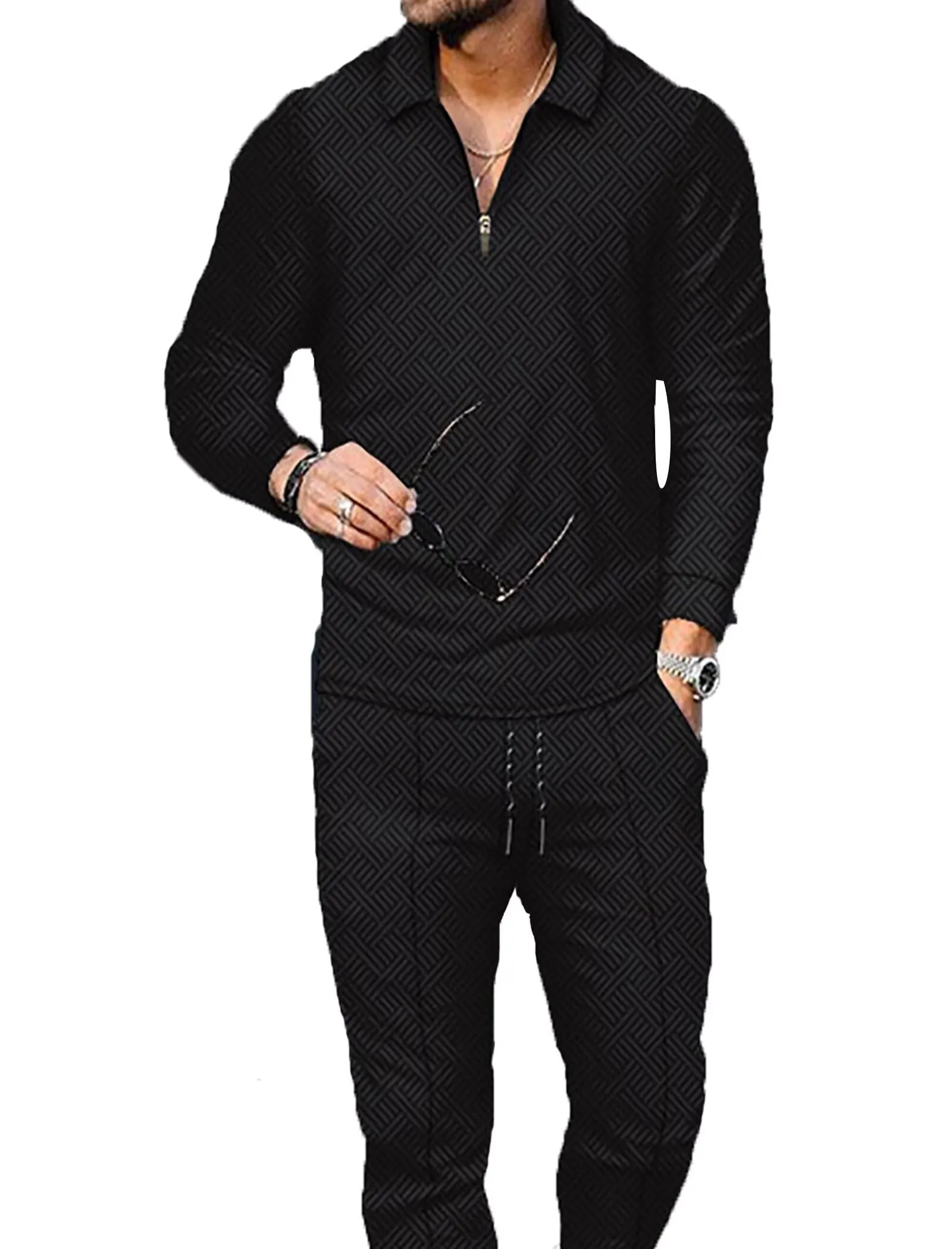 Men's Polo Track Suit Sets Long Sleeve Mens Outfits 2 Piece Fashion Sweatsuit Comfy Casual Set for Men