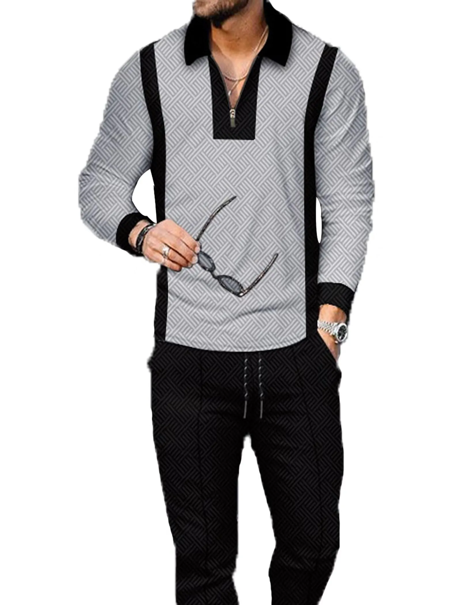 Men's Polo Track Suit Sets Long Sleeve Mens Outfits 2 Piece Fashion Sweatsuit Comfy Casual Set for Men