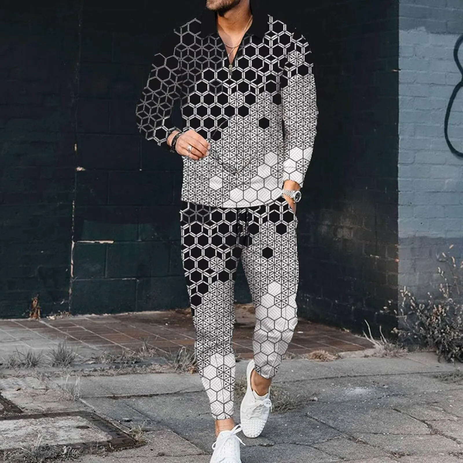 Men's Polo Track Suit Sets Long Sleeve Mens Outfits 2 Piece Fashion Sweatsuit Comfy Casual Set for Men