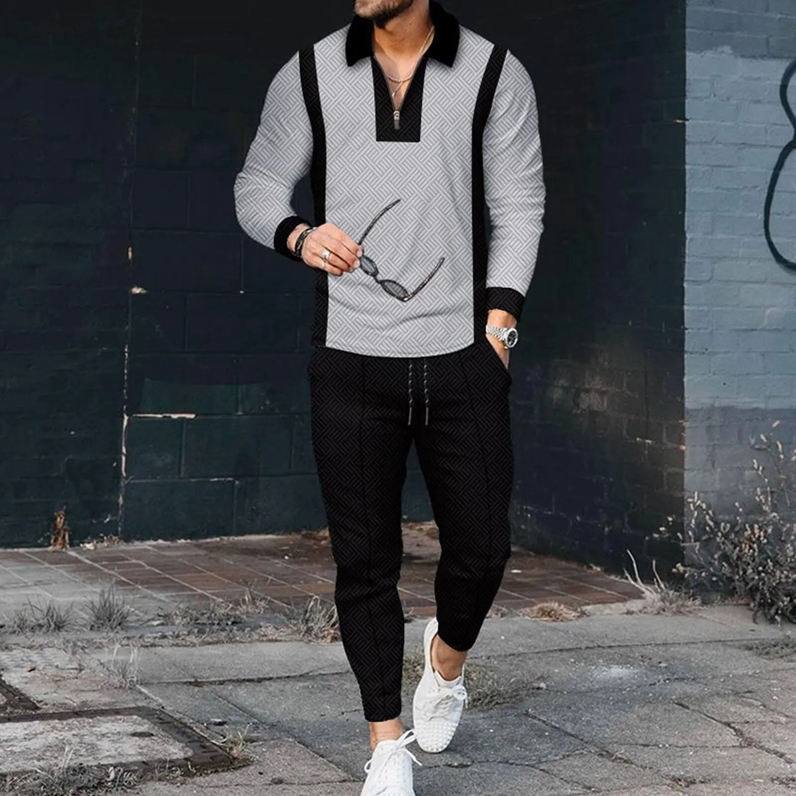 Men's Polo Track Suit Sets Long Sleeve Mens Outfits 2 Piece Fashion Sweatsuit Comfy Casual Set for Men