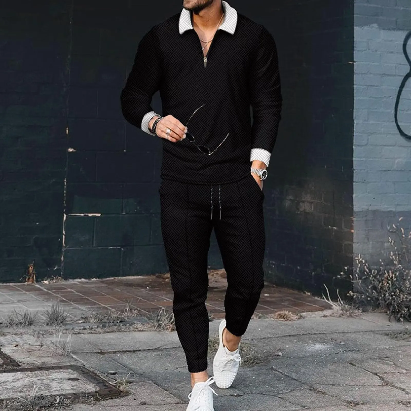Men's Polo Track Suit Sets Long Sleeve Mens Outfits 2 Piece Fashion Sweatsuit Comfy Casual Set for Men