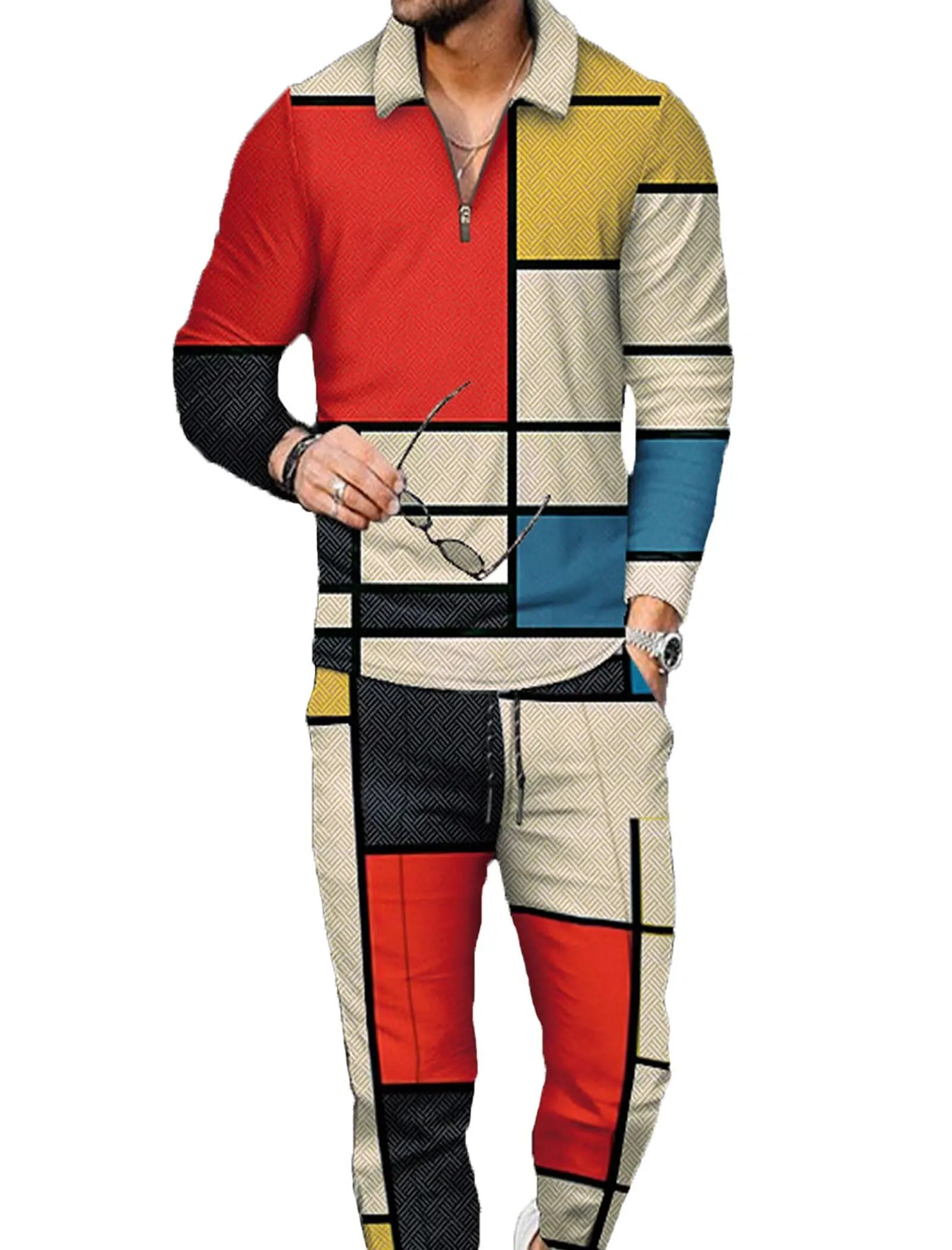 Men's Polo Track Suit Sets Long Sleeve Mens Outfits 2 Piece Fashion Sweatsuit Comfy Casual Set for Men