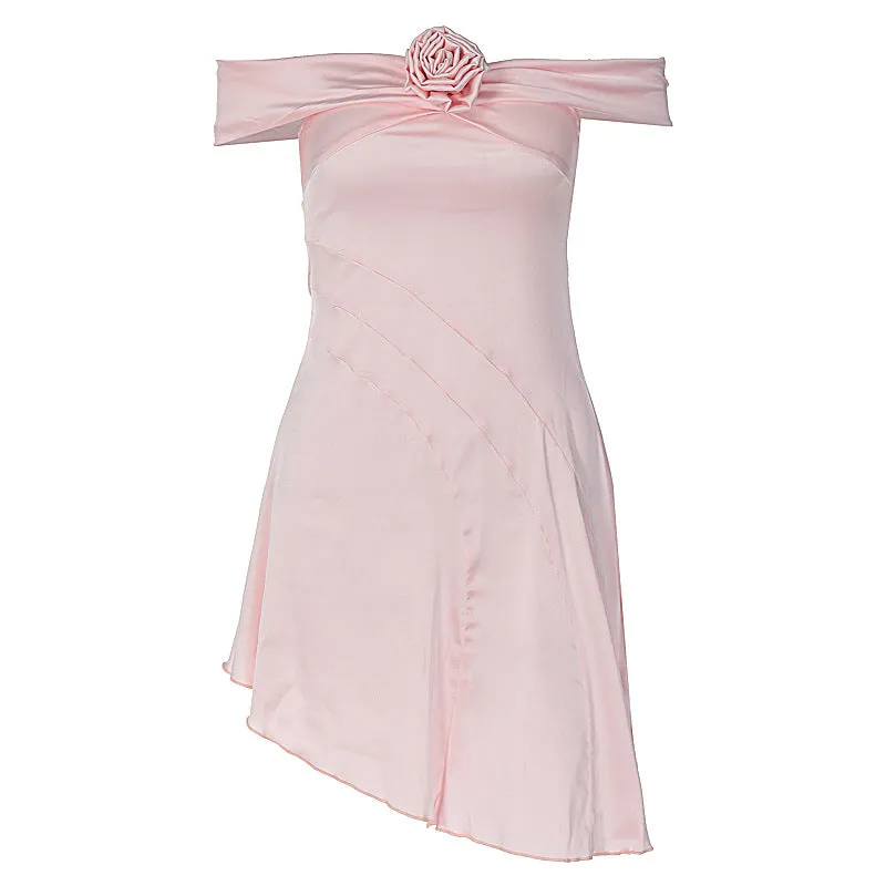 Off-Neck Asymmetric Satin Floral Dress Wholesale Dresses