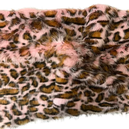 Pink Gold Galactic Leopard Print Long Pile Faux Fur Fabric