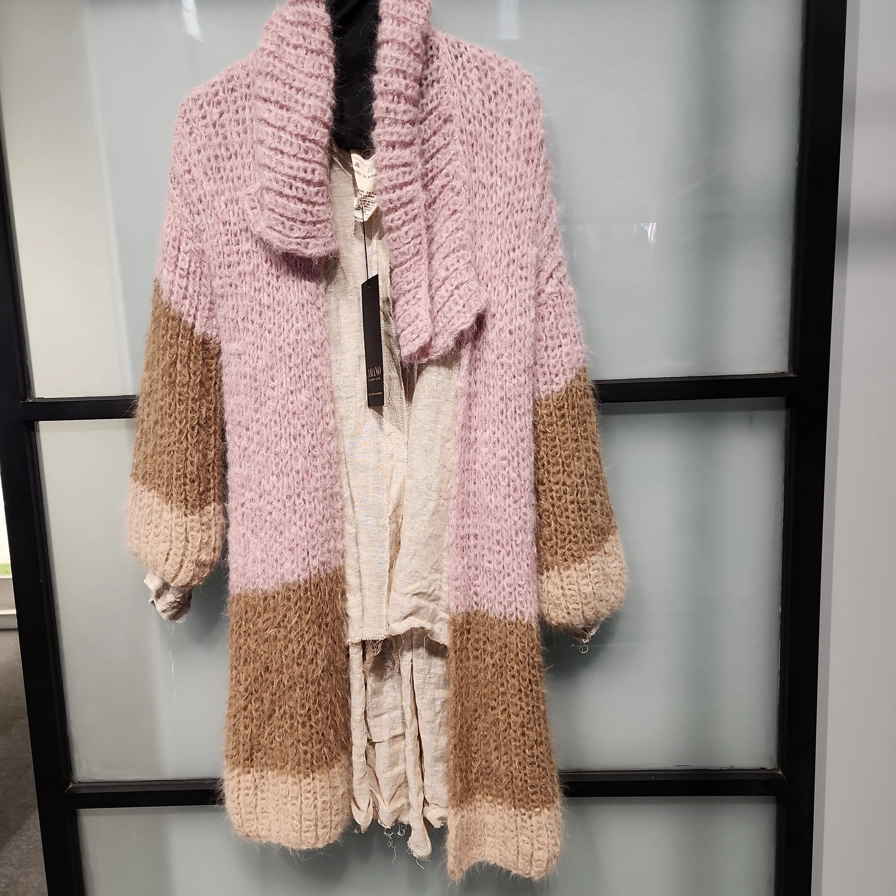 Shawl collar handknit cardigan - tri colour pinks