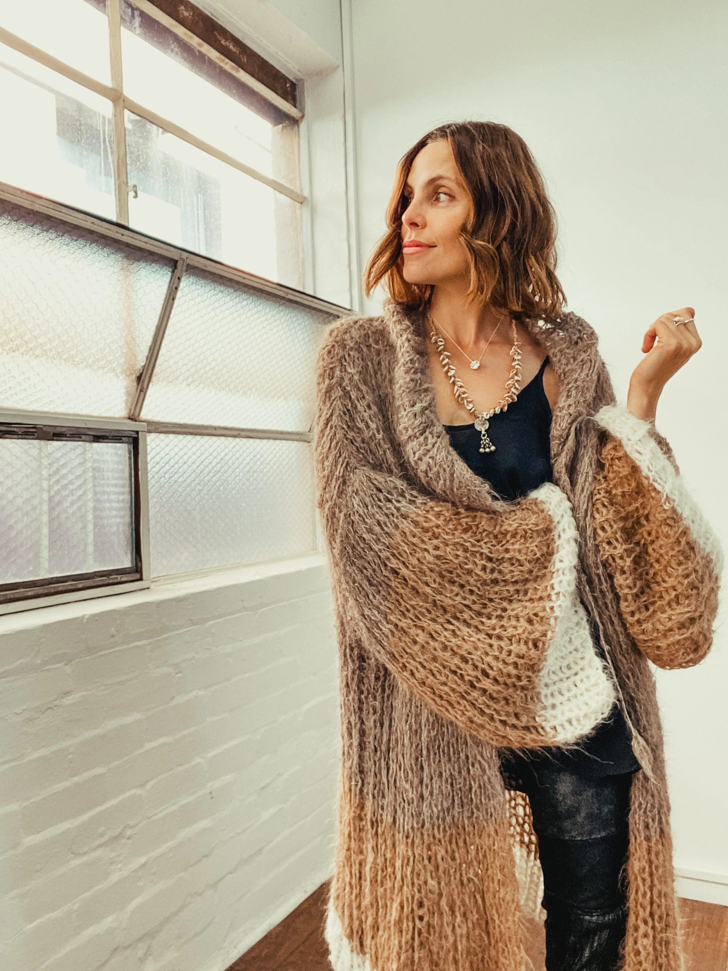 Shawl collar handknit cardigan - tri colour pinks