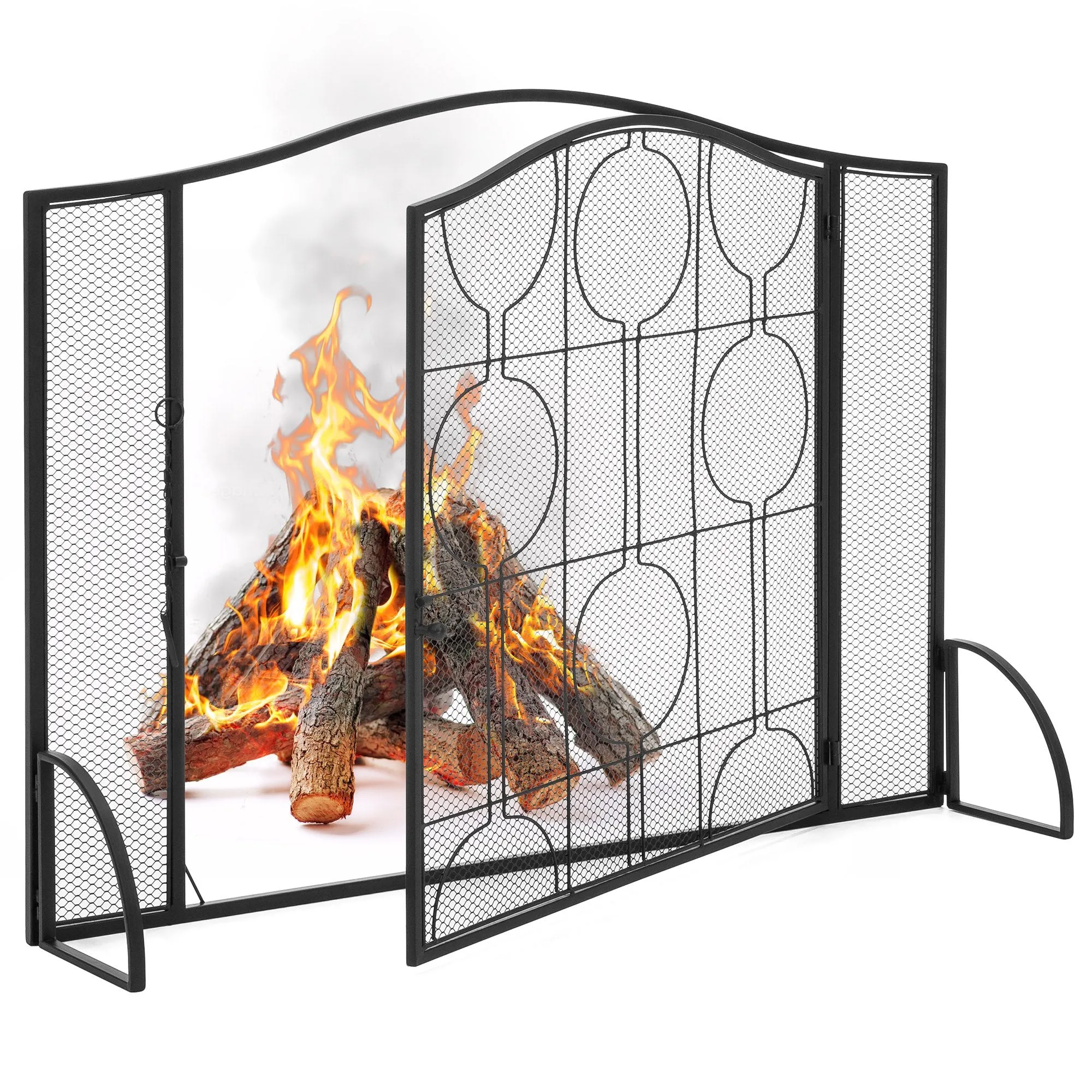 Single Panel 40x29in Steel Mesh Fireplace Screen w/ Locking Door
